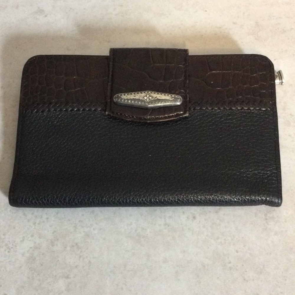 Brighton Pebbled Leather Black and Brown Wallet with Croc Embossed Detail